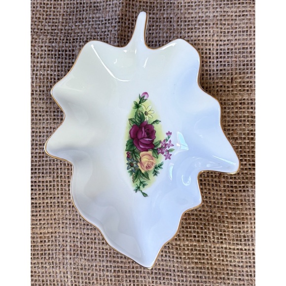 Vintage Other - Vintage Floral Ceramic Leaf Trinket Dish With Gold Trim Elegant Glam Cottagecore